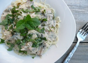 White Wine Mushroom Cream Sauce over Angel Hair Pasta with Parmesan and Fresh Basil