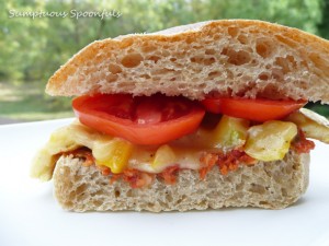 Sweet Pepper Pesto Rosso Breakfast Sandwich on Toasted Ciabatta with Gouda Cheese