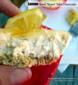 Lemon Greek Yogurt Mini Cheesecakes ~ Delightful mini-cheesecakes made healthy with Greek yogurt. #Glutenfree treats from Sumptuous Spoonfuls