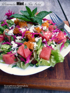 Watermelon, Mint & Feta Salad with Chicken, Bee Balm & a Honey Lime Margarita Vinaigrette ~ Sumptuous Spoonfuls #refreshing #summer #salad #recipe