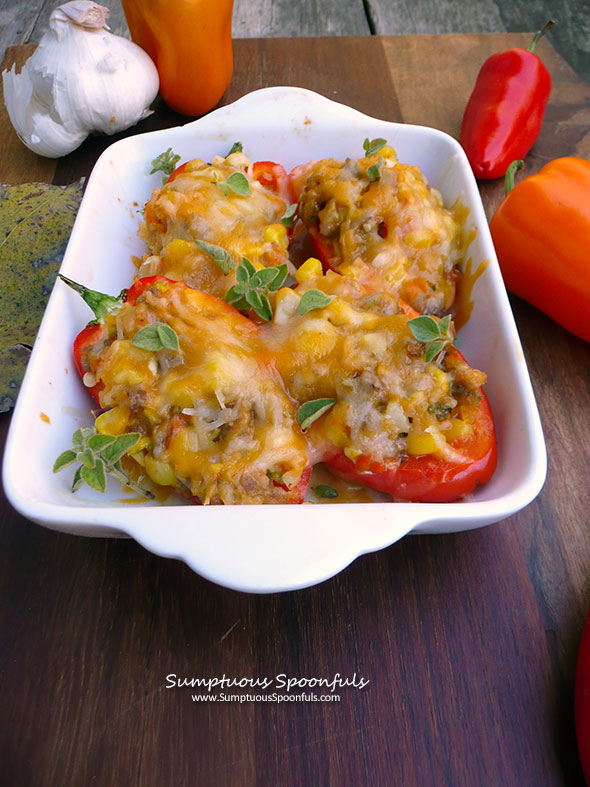 Cheesy Sausage & Corn Stuffed Peppers ~ Sumptuous Spoonfuls #StuffedPeppers #Recipe