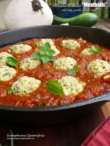 Meatless Zucchini "Meatballs" with Zesty Garden Tomato Sauce ~ Sumptuous Spoonfuls #vegetarian #meatballs #recipe